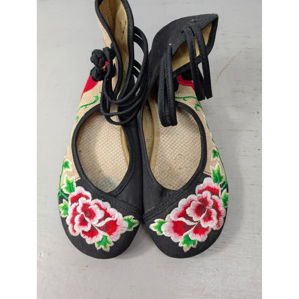 Traditional Chinese Floral Embroidered Double Ankle Wrap Ballet Shoes Size 39